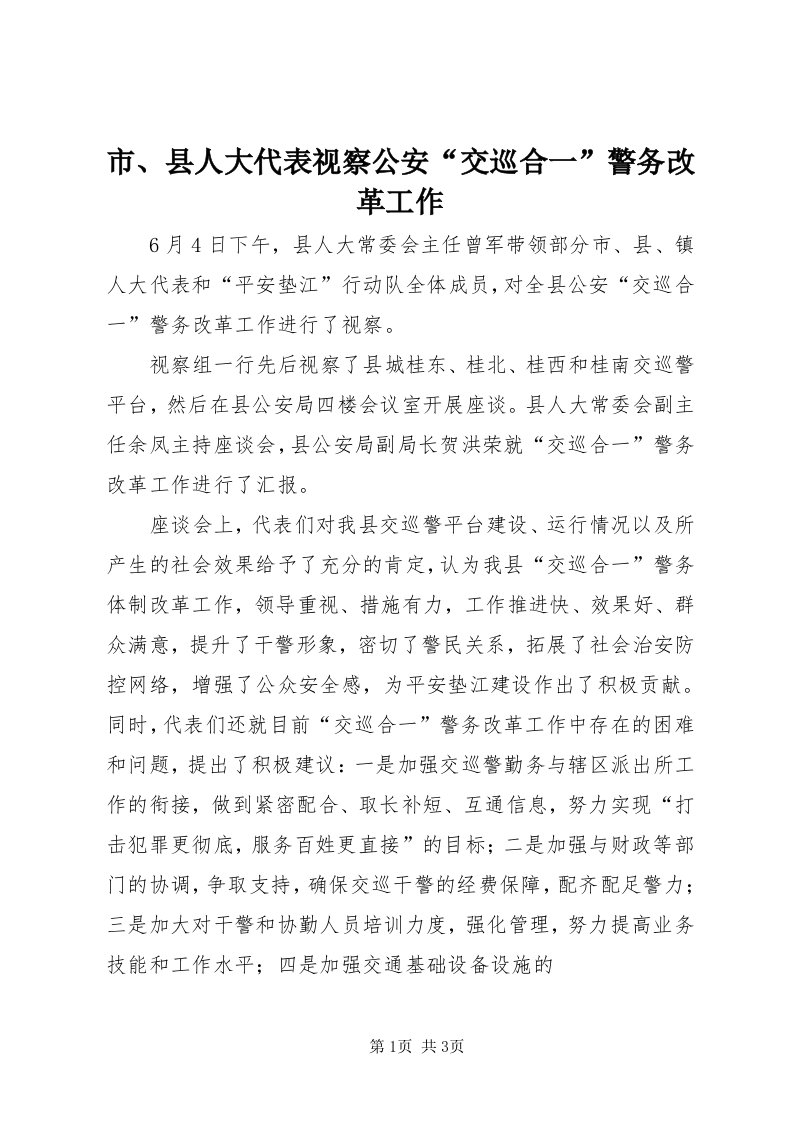 5市、县人大代表视察公安“交巡合一”警务改革工作