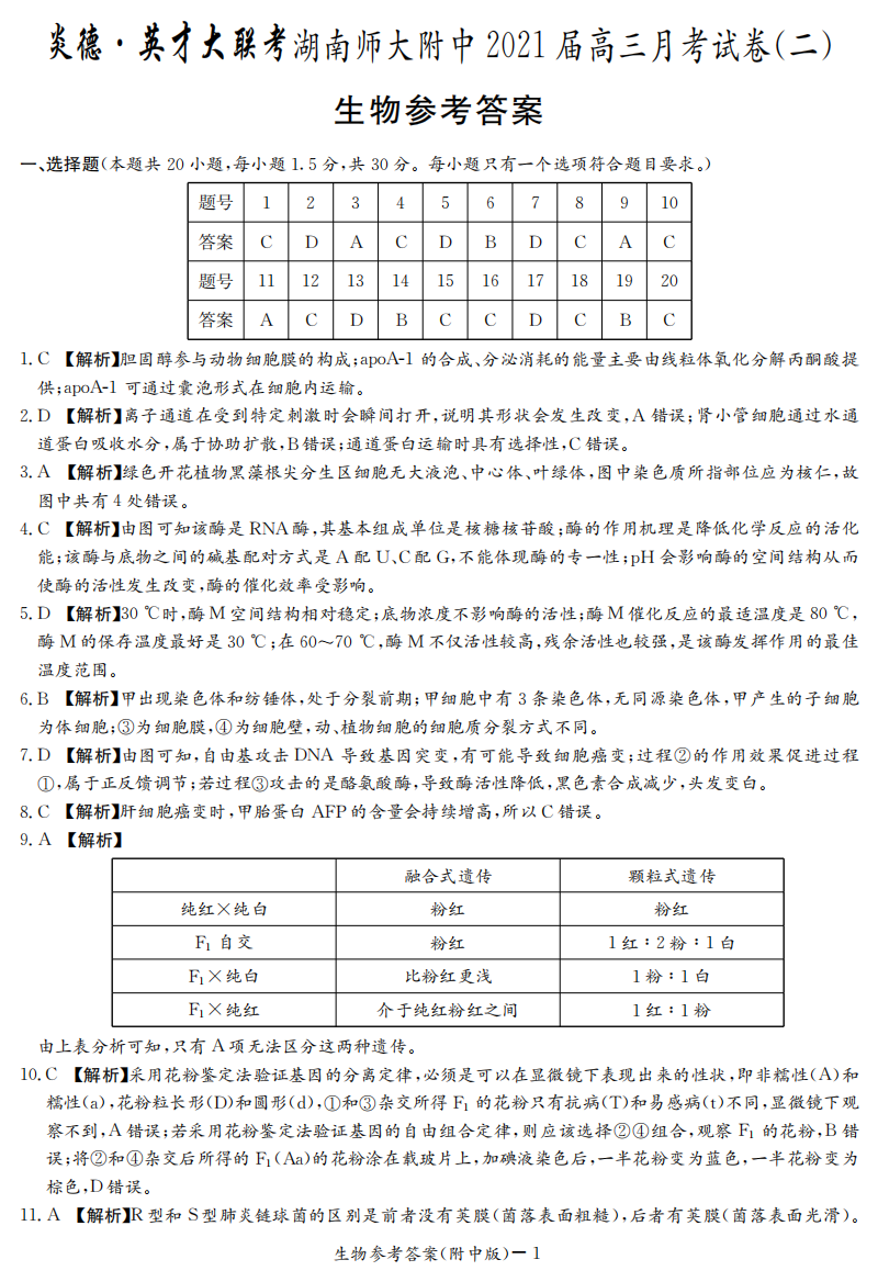 湖南省湖南师大附中2021届高三生物10月第二次月考试题答案