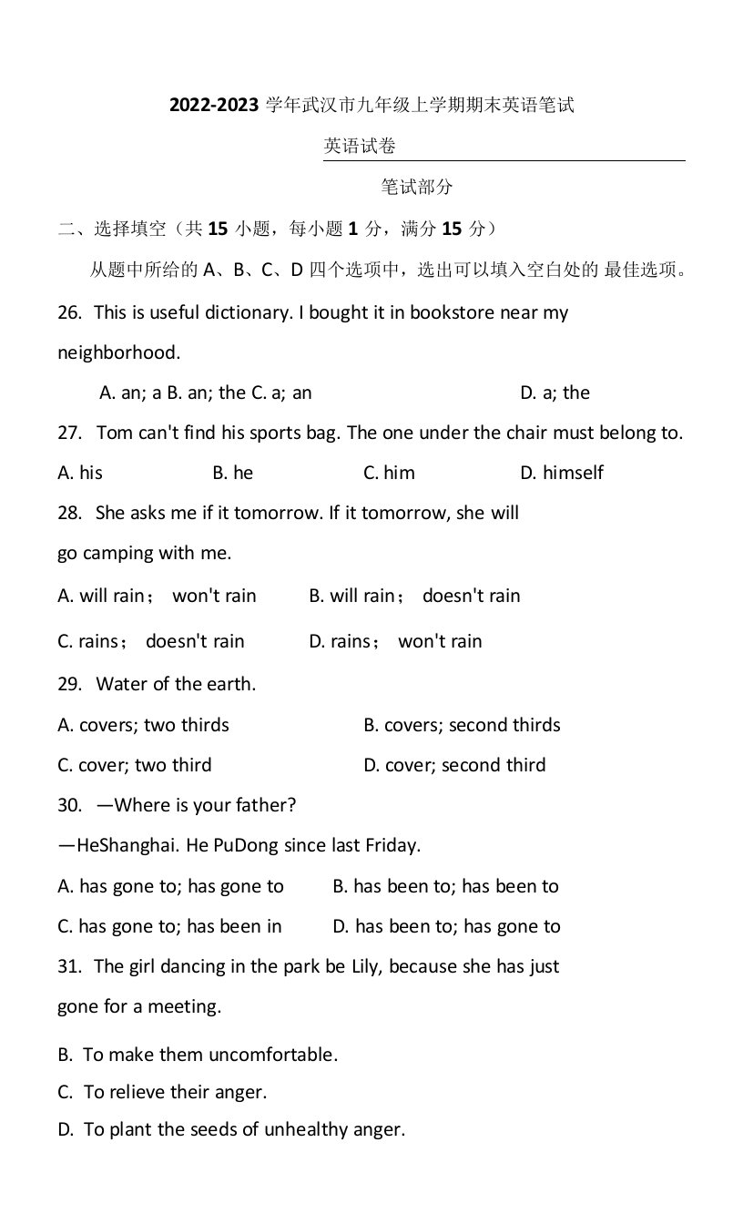 湖北省武汉市2022-2023学年九年级上学期期末考试英语模拟笔试试卷(含答案)