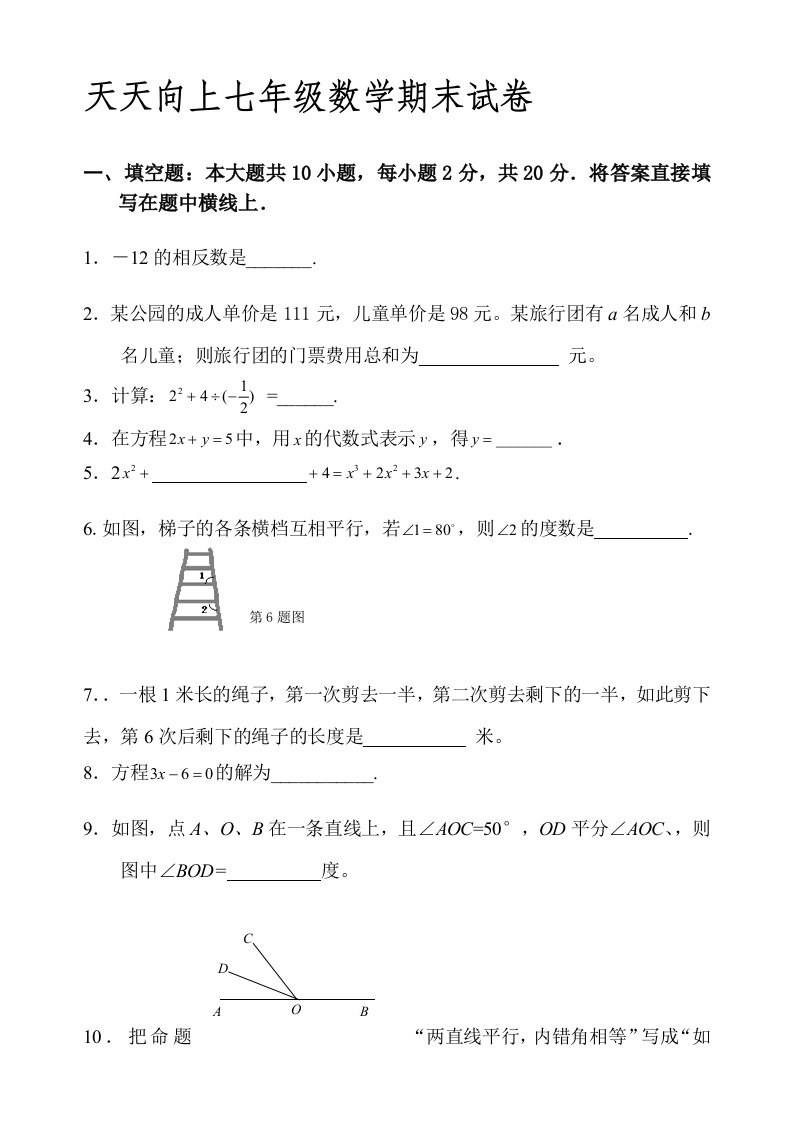 天天向上七年级数学试卷