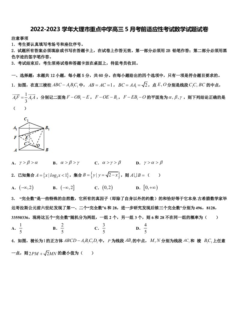 2022-2023学年大理市重点中学高三5月考前适应性考试数学试题试卷