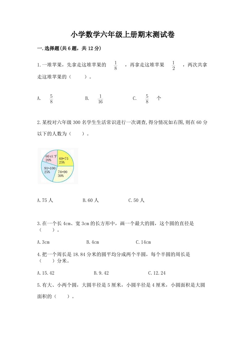 小学数学六年级上册期末测试卷汇总2