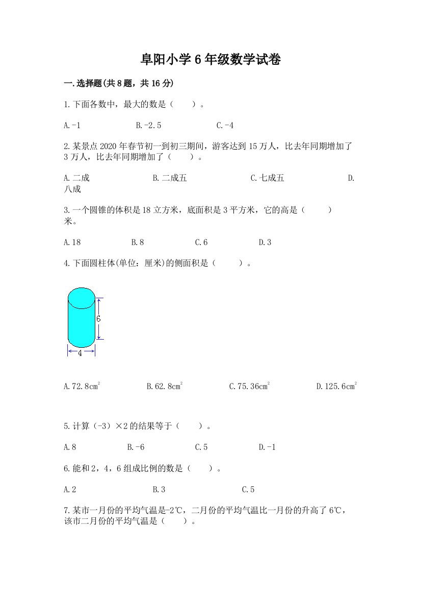 阜阳小学6年级数学试卷【综合卷】