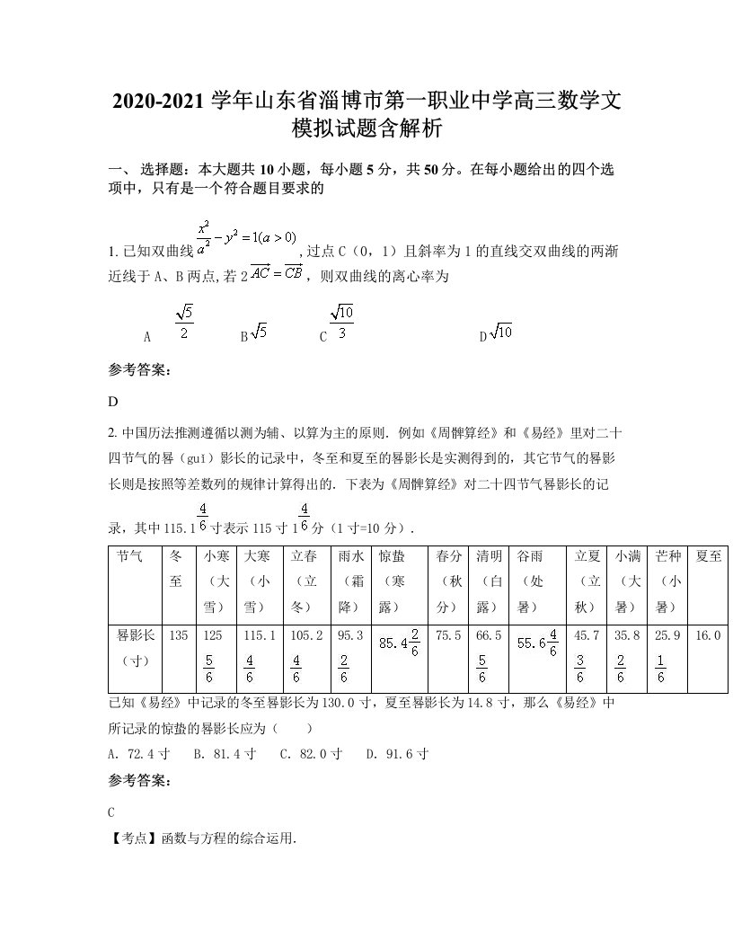 2020-2021学年山东省淄博市第一职业中学高三数学文模拟试题含解析