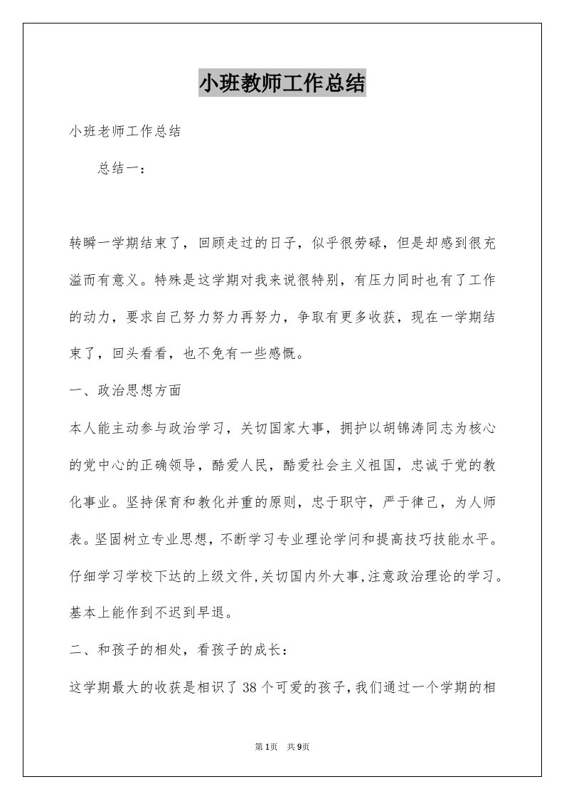 小班教师工作总结例文