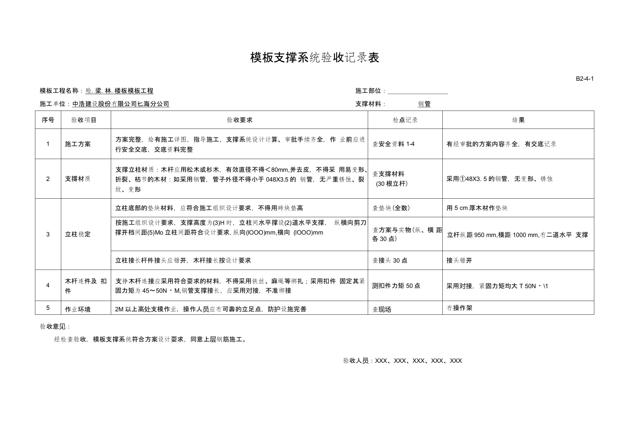 工程高支模脚手架等验收表