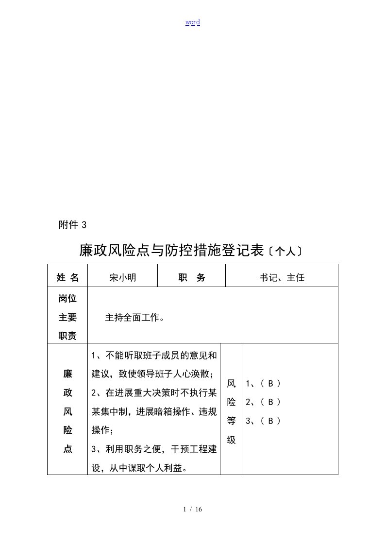 廉政风险点及防控要求措施登记表