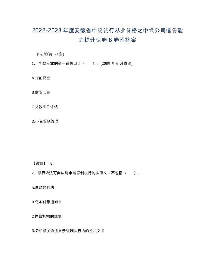 2022-2023年度安徽省中级银行从业资格之中级公司信贷能力提升试卷B卷附答案