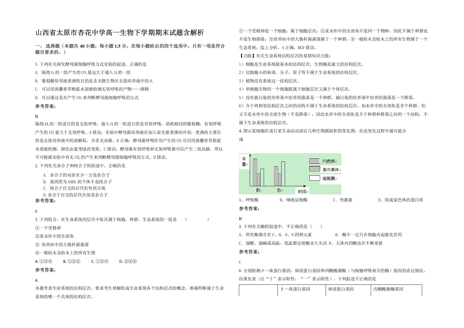 山西省太原市杏花中学高一生物下学期期末试题含解析