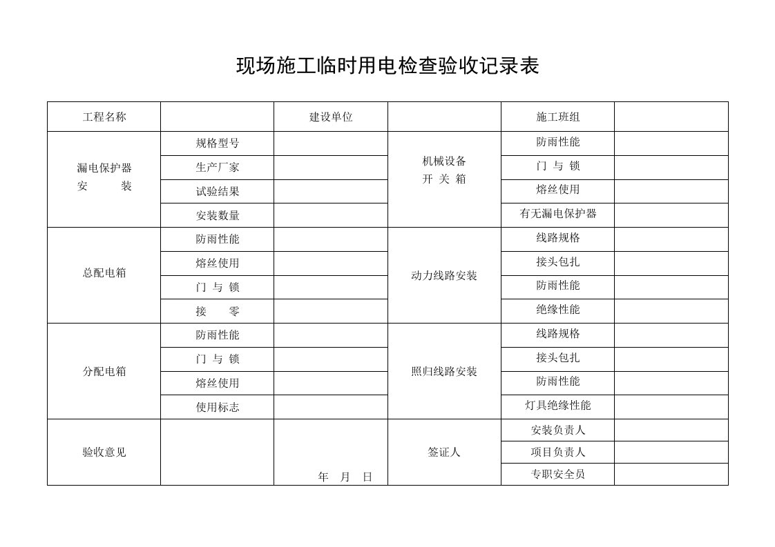 现场施工临时用电检查验收记录表