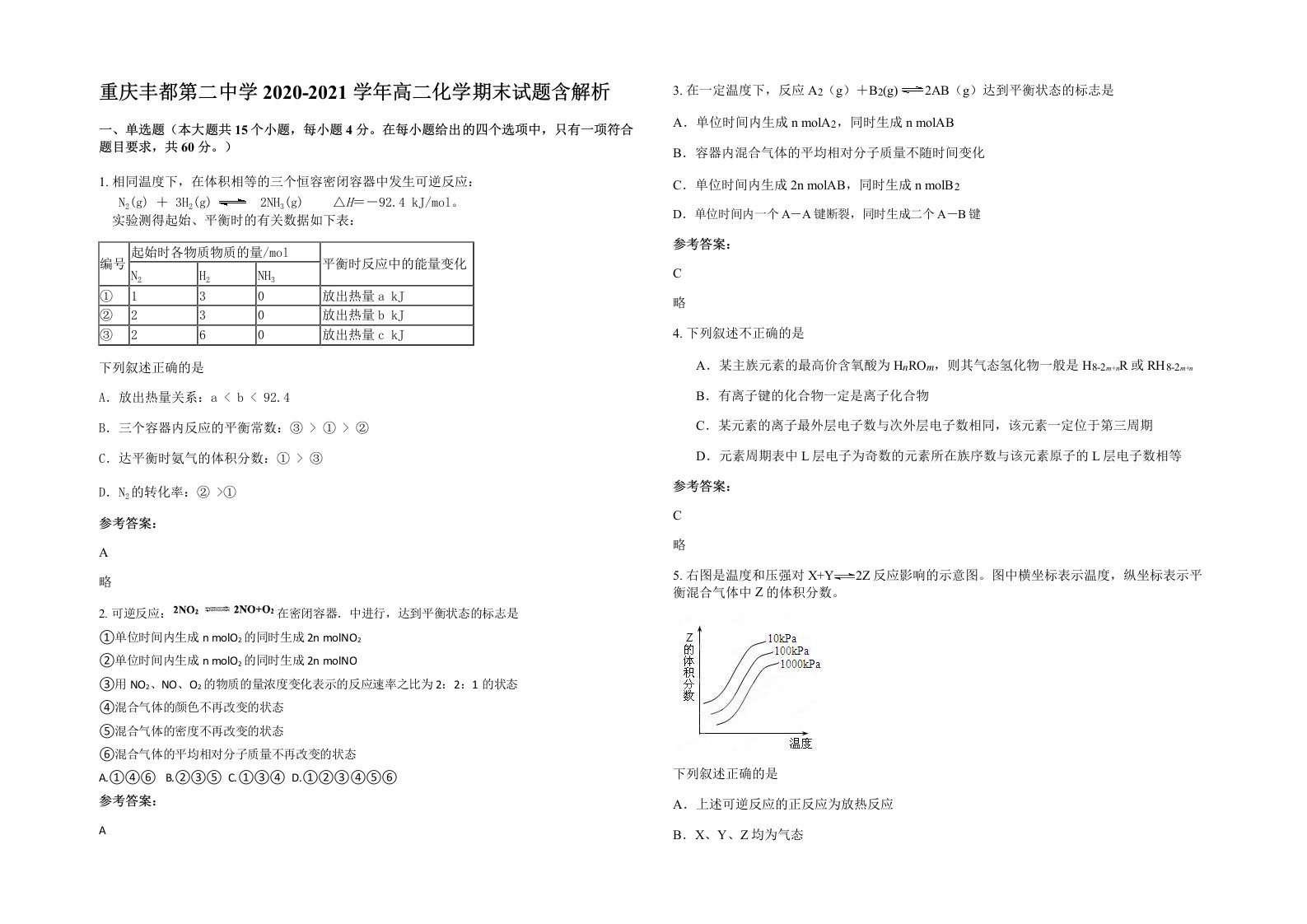 重庆丰都第二中学2020-2021学年高二化学期末试题含解析