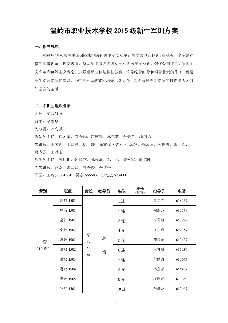 温岭市职业技术学校2015级新生军训方案