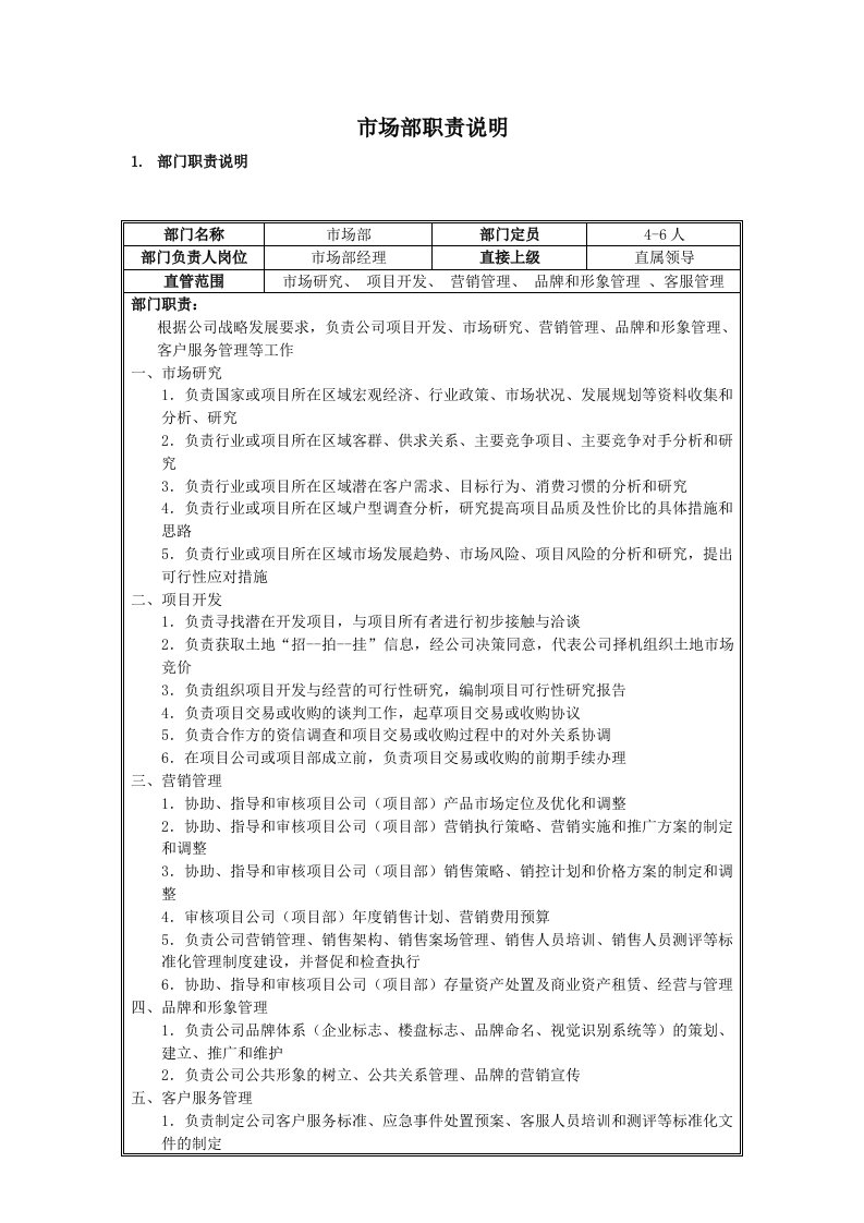 房地产企业市场部职责说明