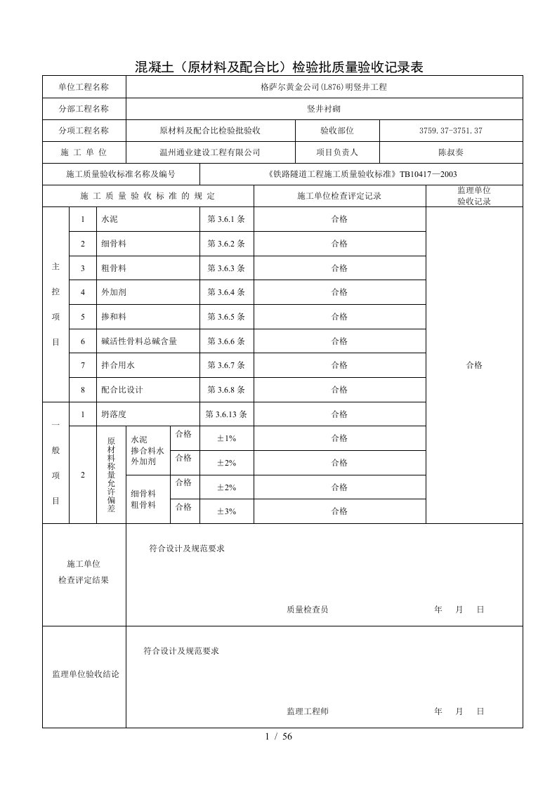 混凝土原材料及配合比检验批质量验收记录表