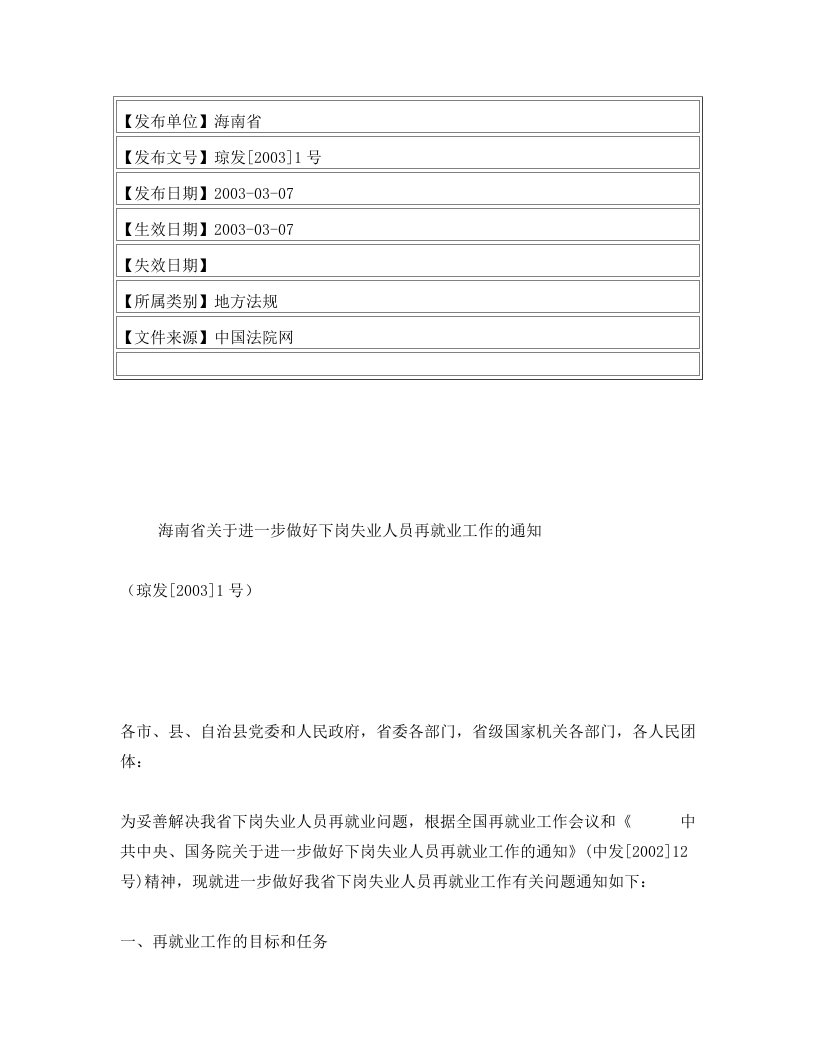 海南省关于进一步做好下岗失业人员再就业工作的通知(琼发[2003]1号)