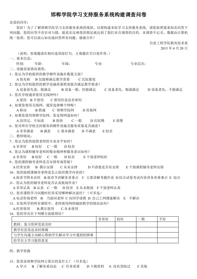 学习支持服务系统现况的调查问卷