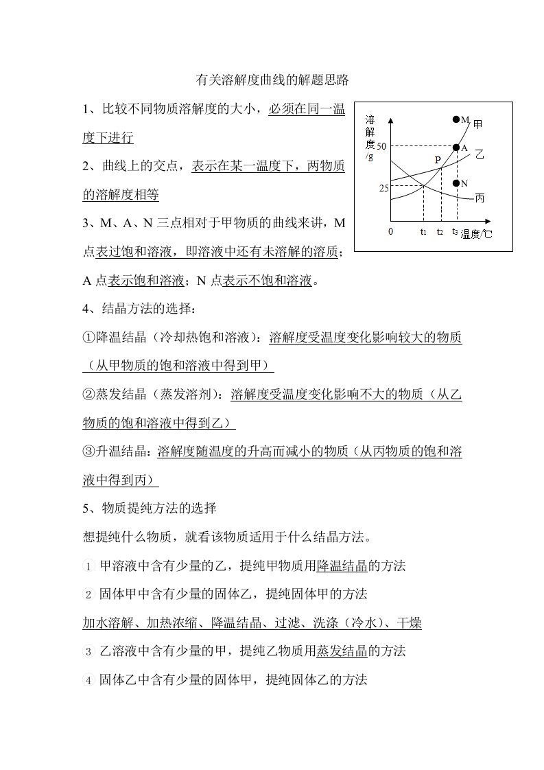 初中化学有关溶解度曲线的解题思路