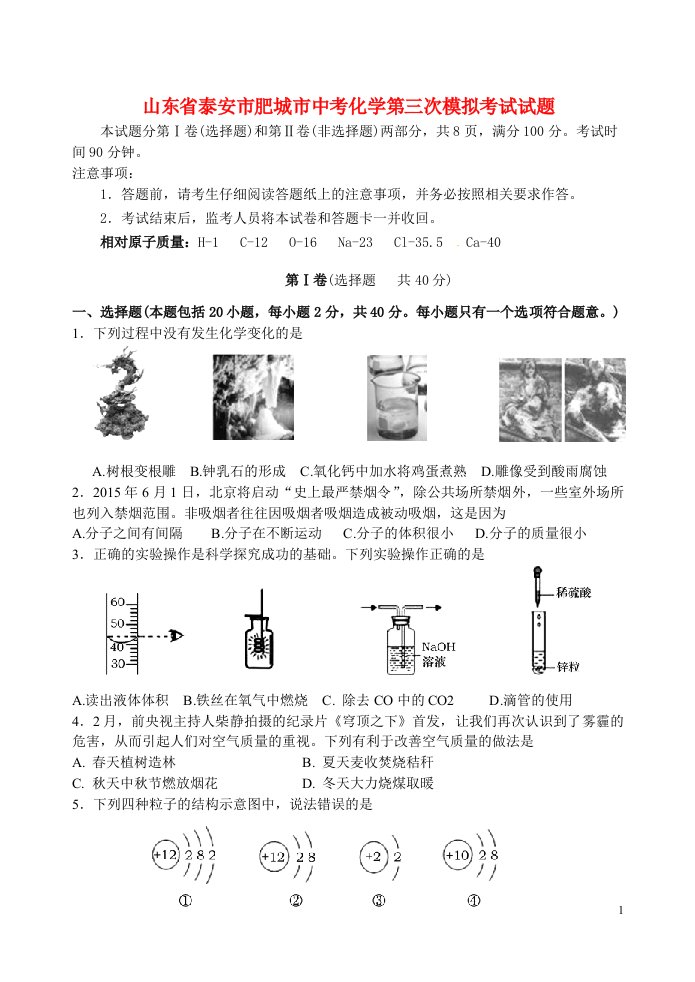 山东省泰安市肥城市中考化学第三次模拟考试试题