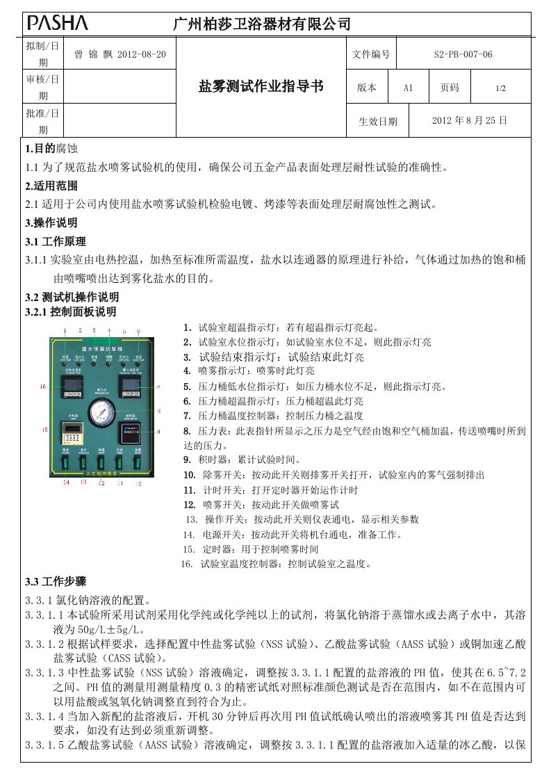 盐雾试验作业指导书