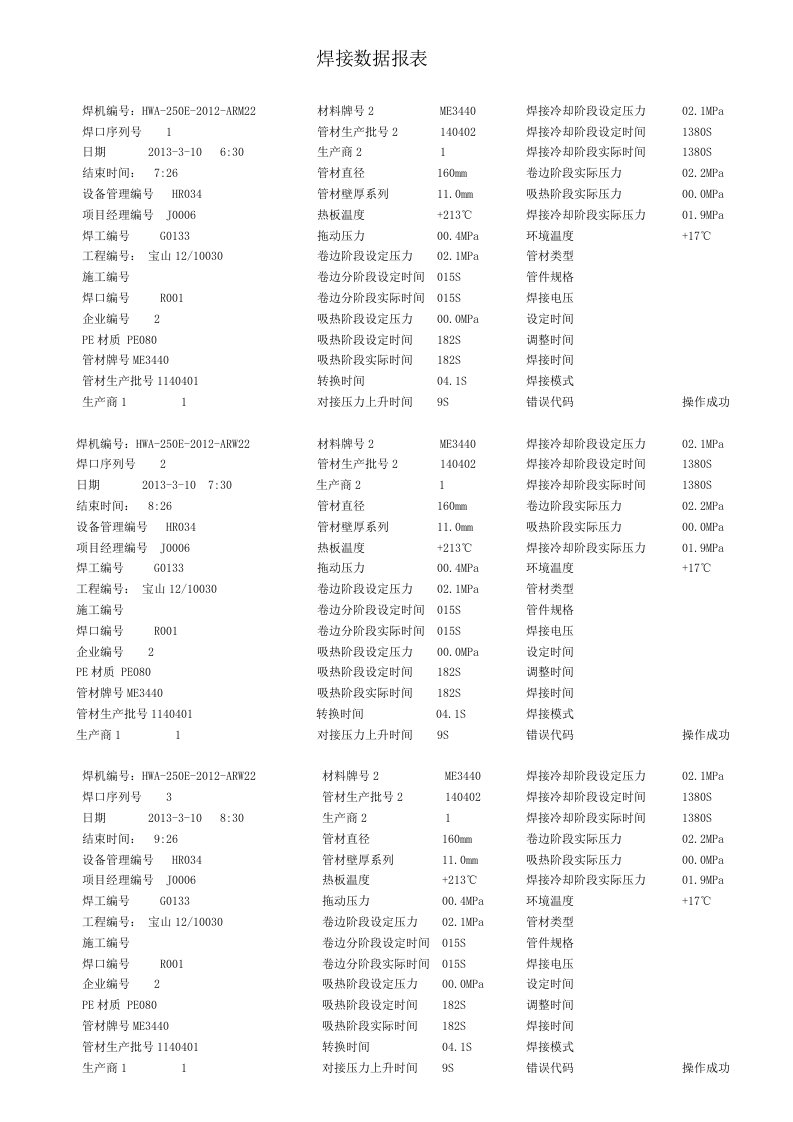 焊接数据报表-160mm-PE管热熔连接数据