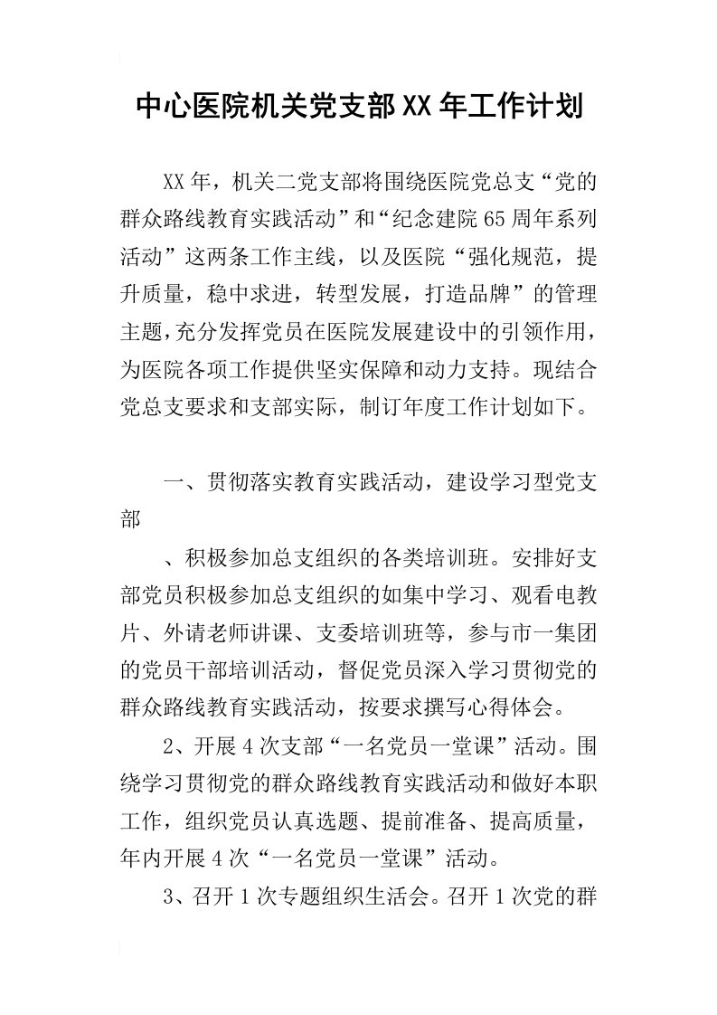 中心医院机关党支部某年工作计划