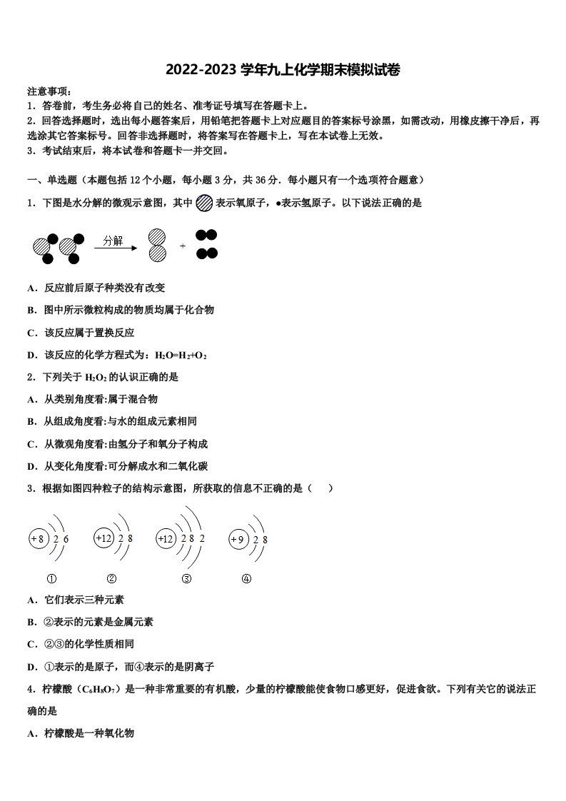 2023届山东省泰安市宁阳县化学九年级第一学期期末学业质量监测模拟试题含解析