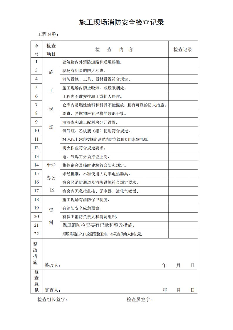 施工现场消防安全检查记录