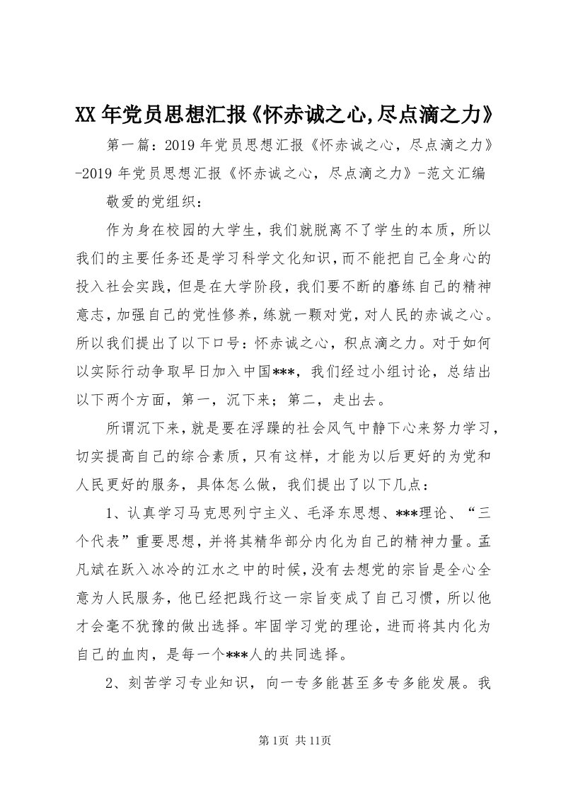 4某年党员思想汇报《怀赤诚之心,尽点滴之力》