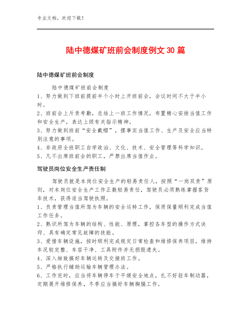 陆中德煤矿班前会制度例文30篇