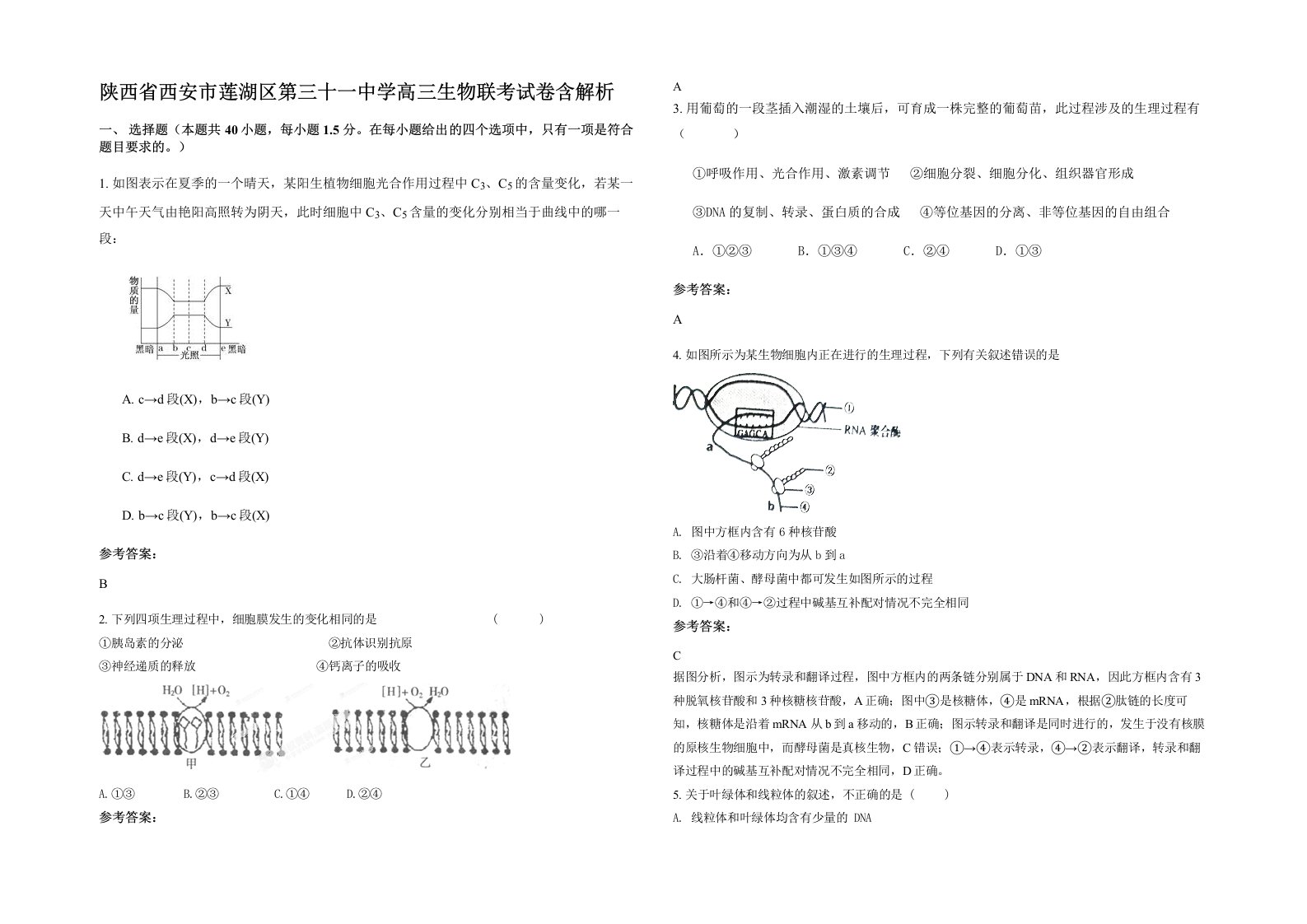 陕西省西安市莲湖区第三十一中学高三生物联考试卷含解析