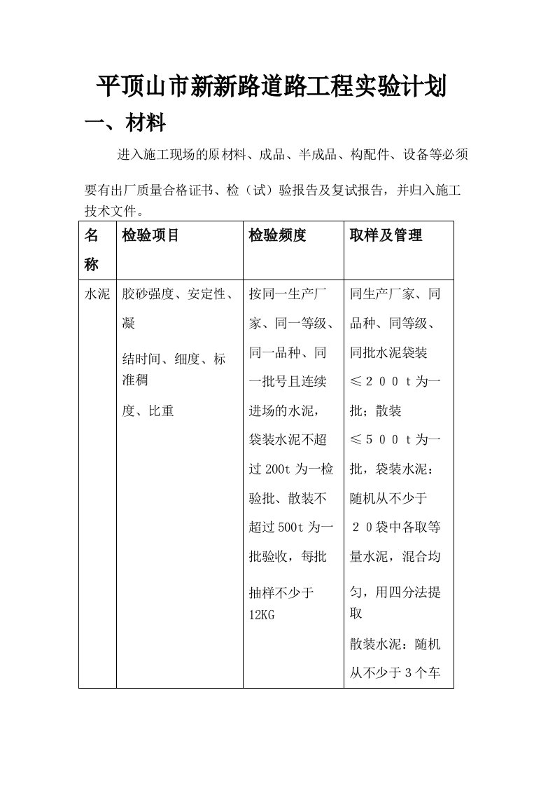 市政道路工程试验计划