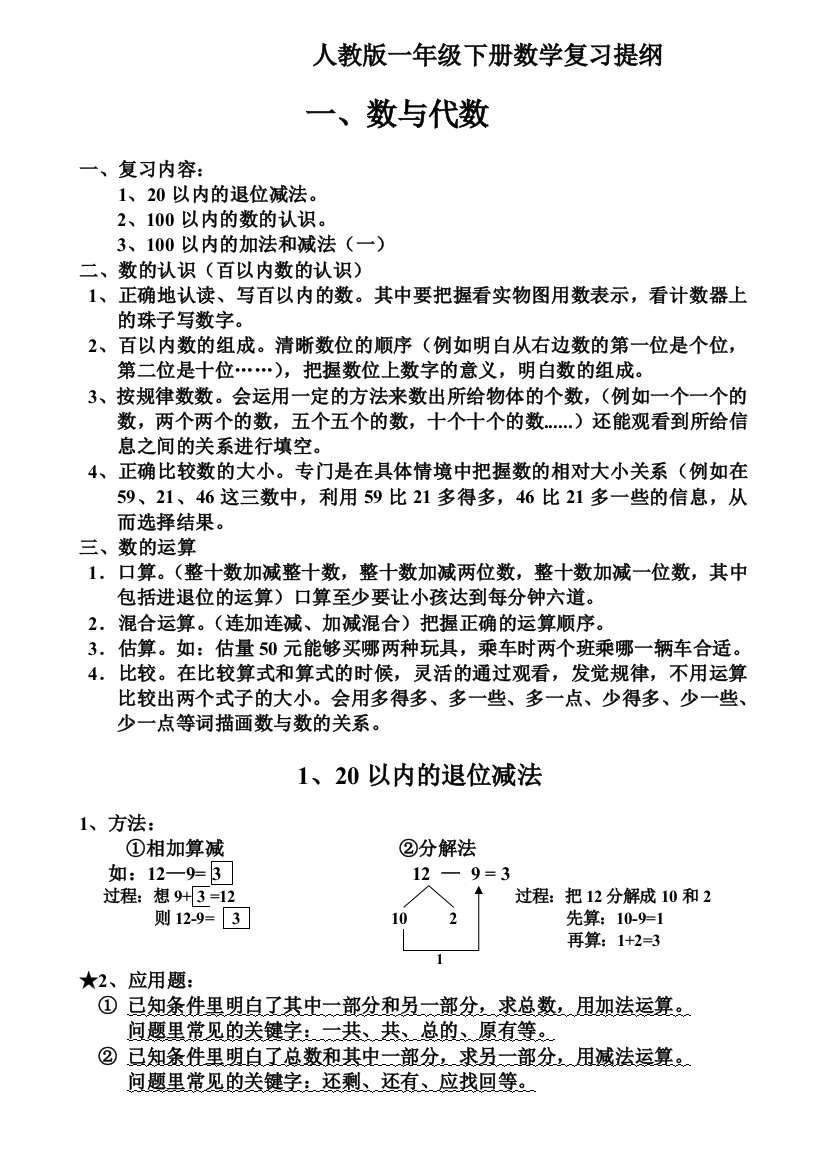 人教版一年级下册数学复习提纲