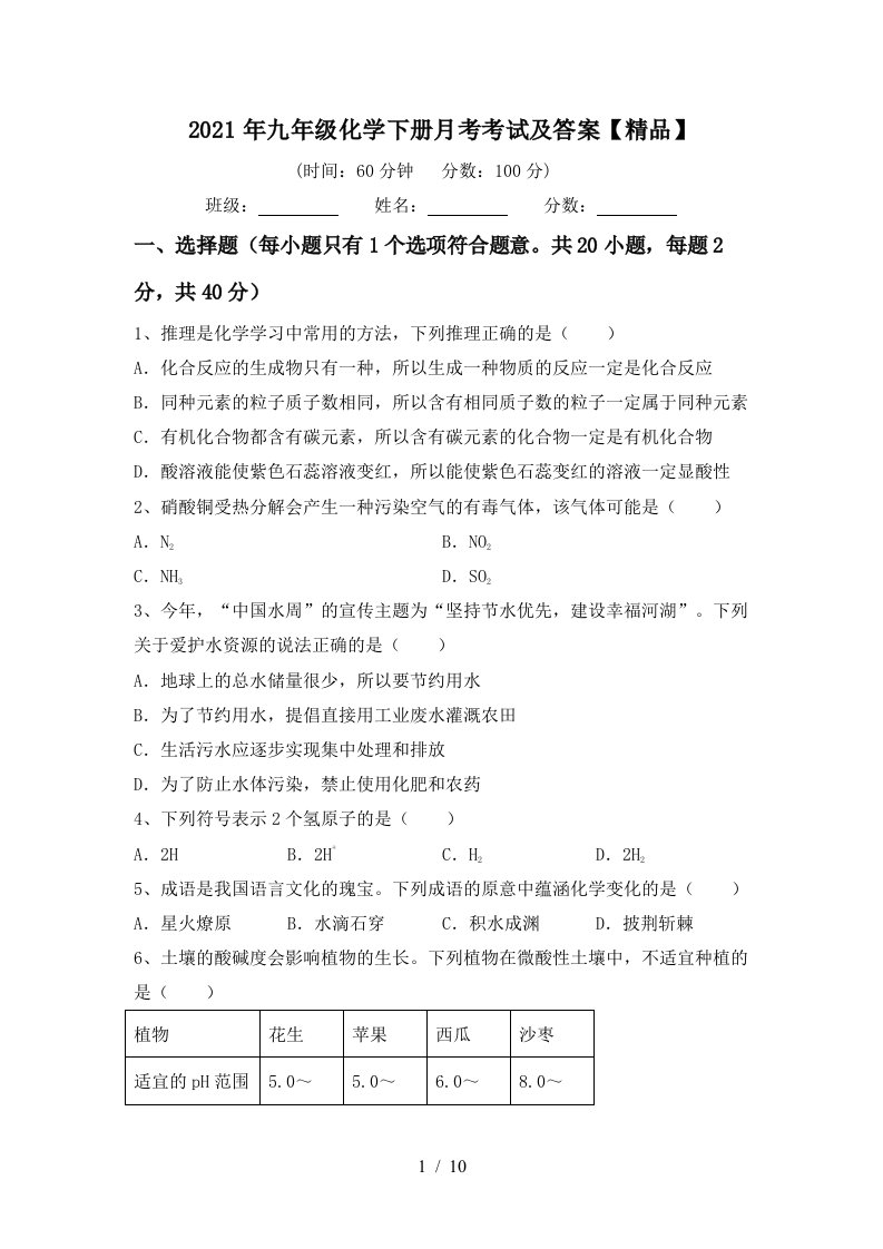 2021年九年级化学下册月考考试及答案精品