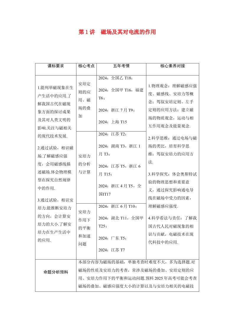 备考2025届高考物理一轮复习讲义第十一章磁场第1讲磁场及其对电流的作用考点1安培定则的应用磁场的叠加