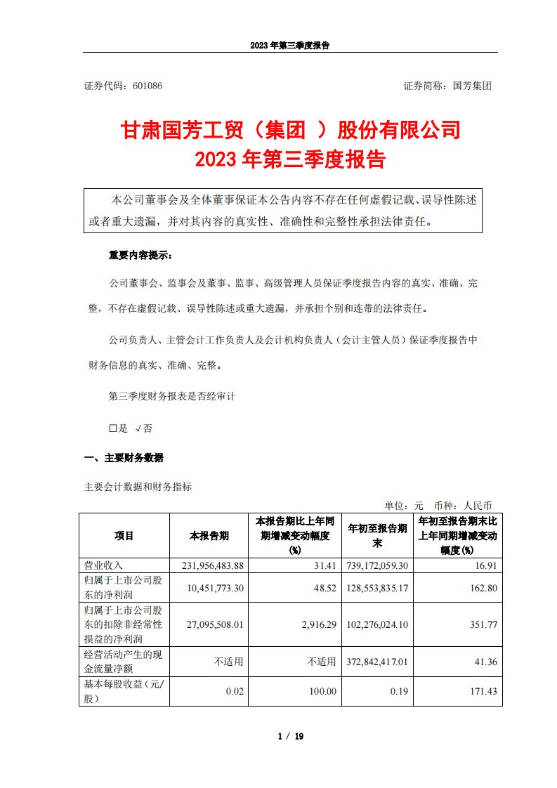 上交所-国芳集团：2023年第三季度报告-20231027