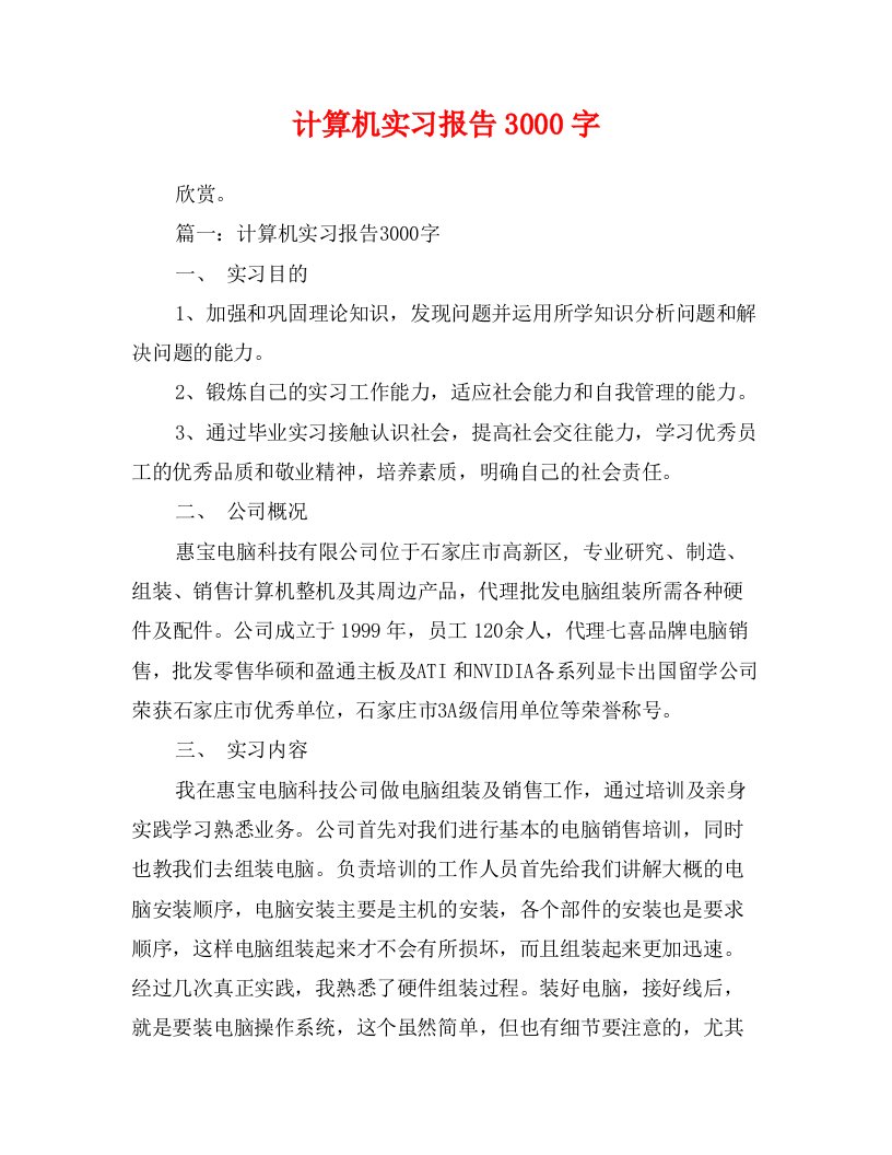 计算机实习报告3000字