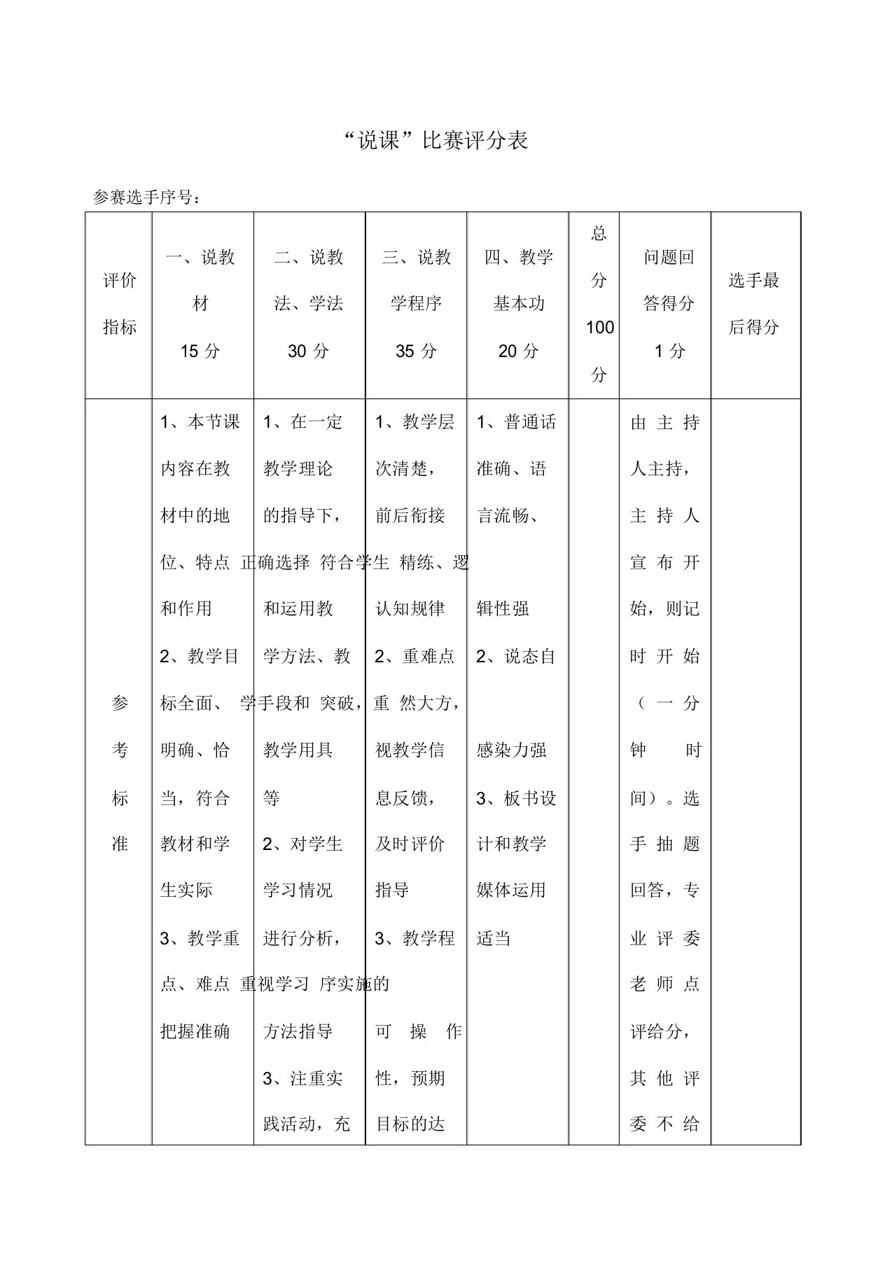 说课比赛评分标准表