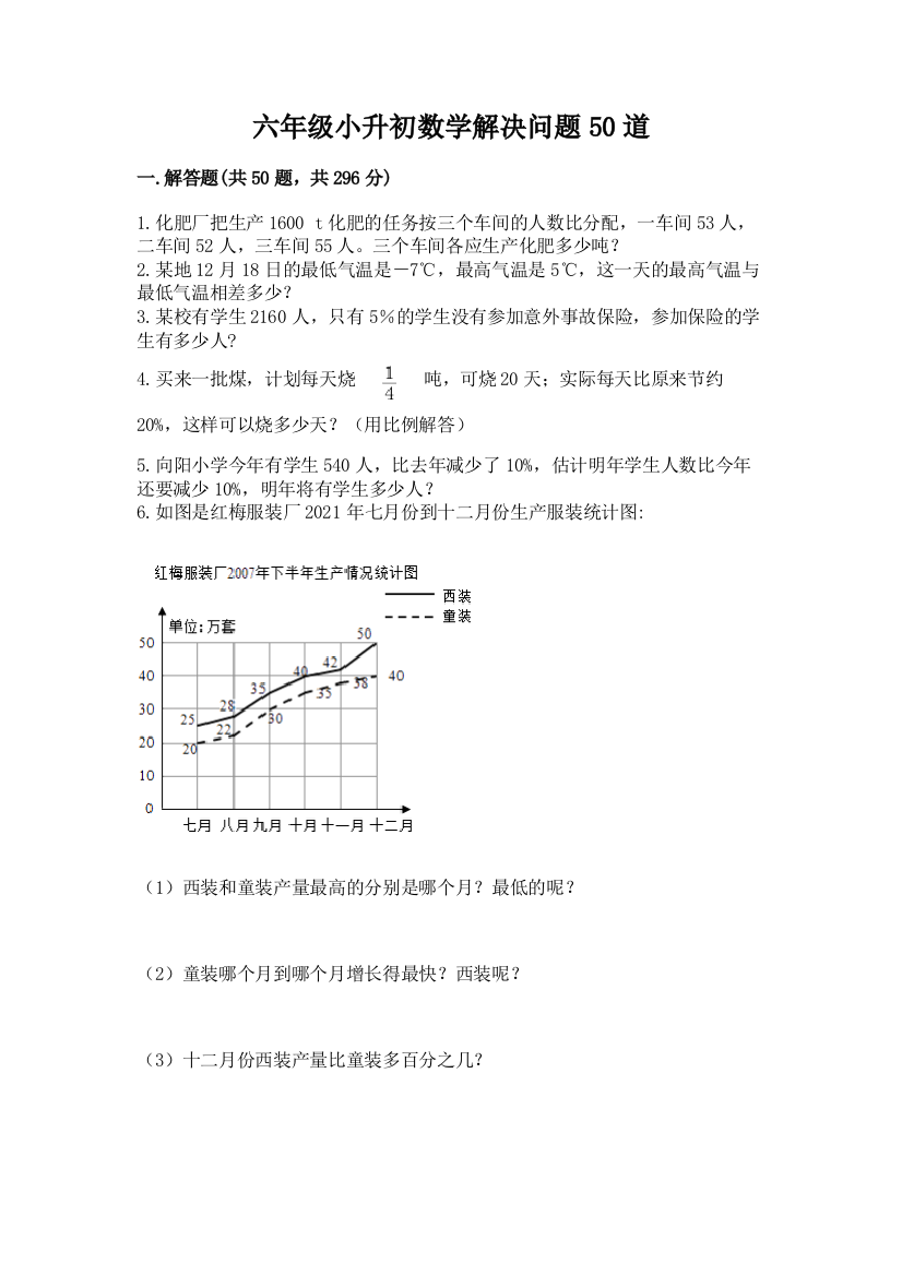 六年级小升初数学解决问题50道带答案（满分必刷）