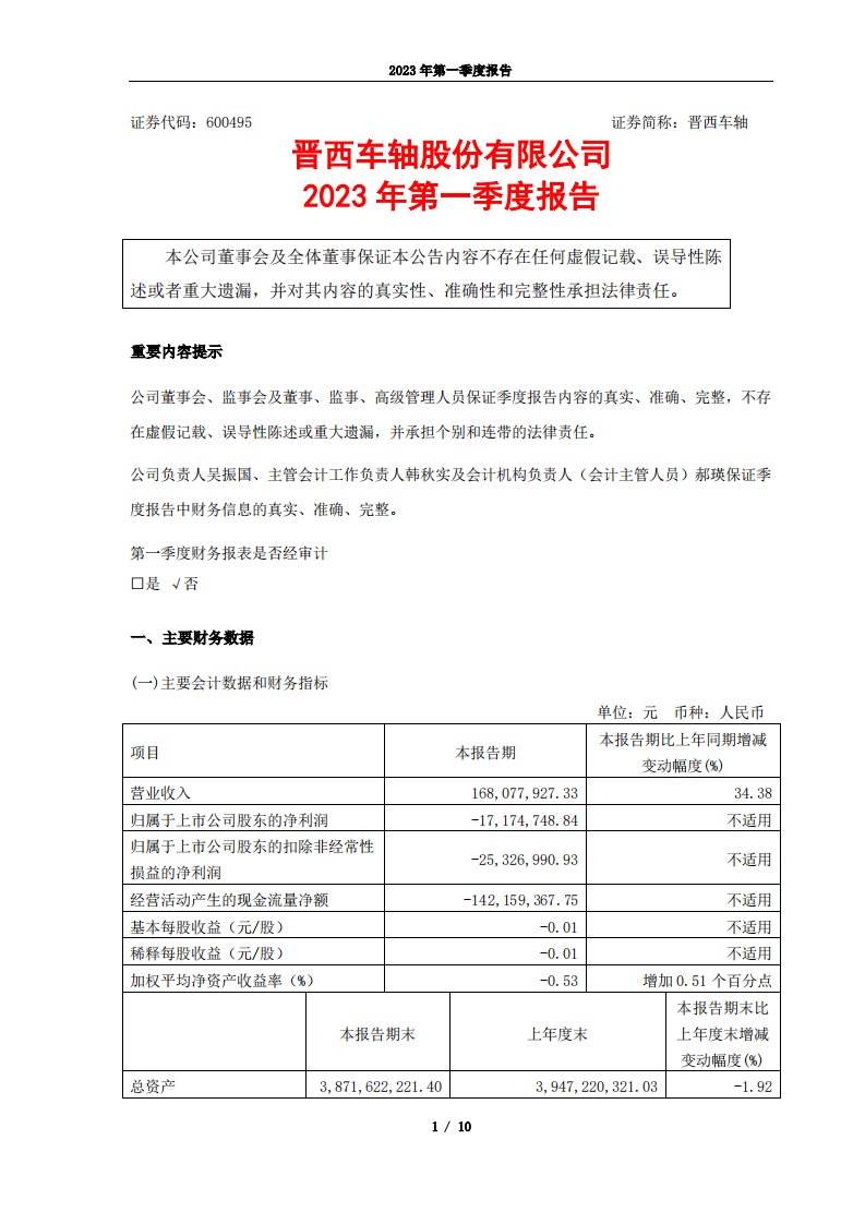 上交所-晋西车轴2023年第一季度报告-20230425