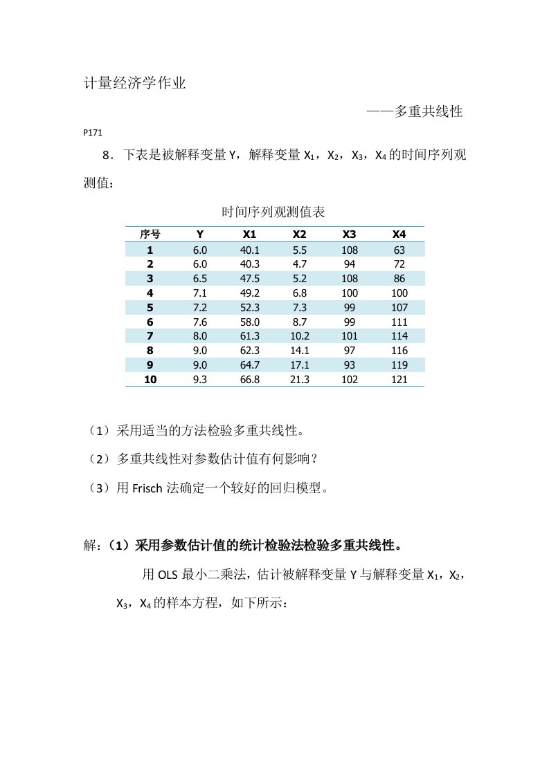 1计量经济学作业多重共线性p171