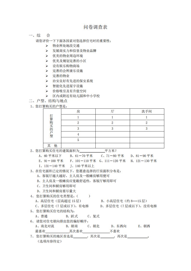 房地产问卷调查表