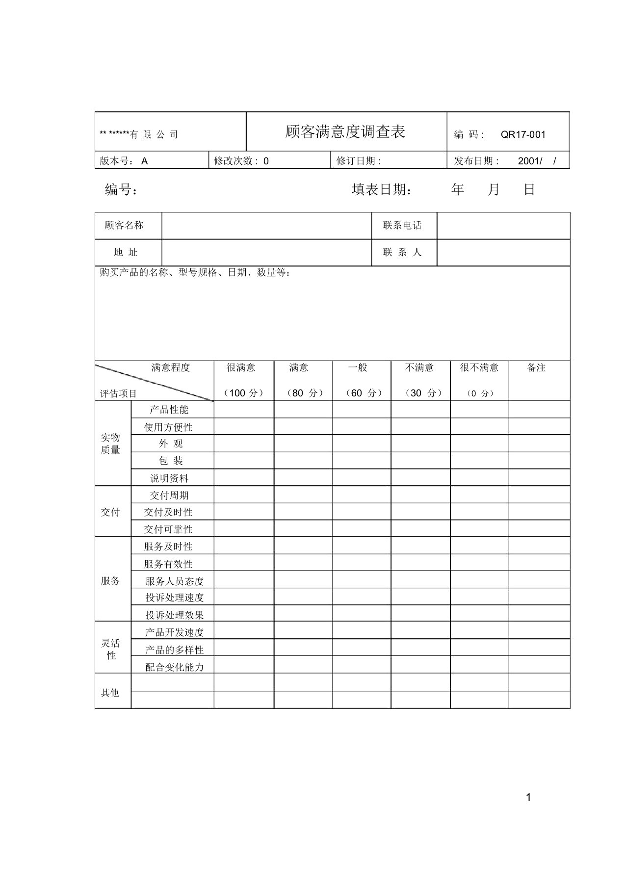 顾客满意度调查表模板范文