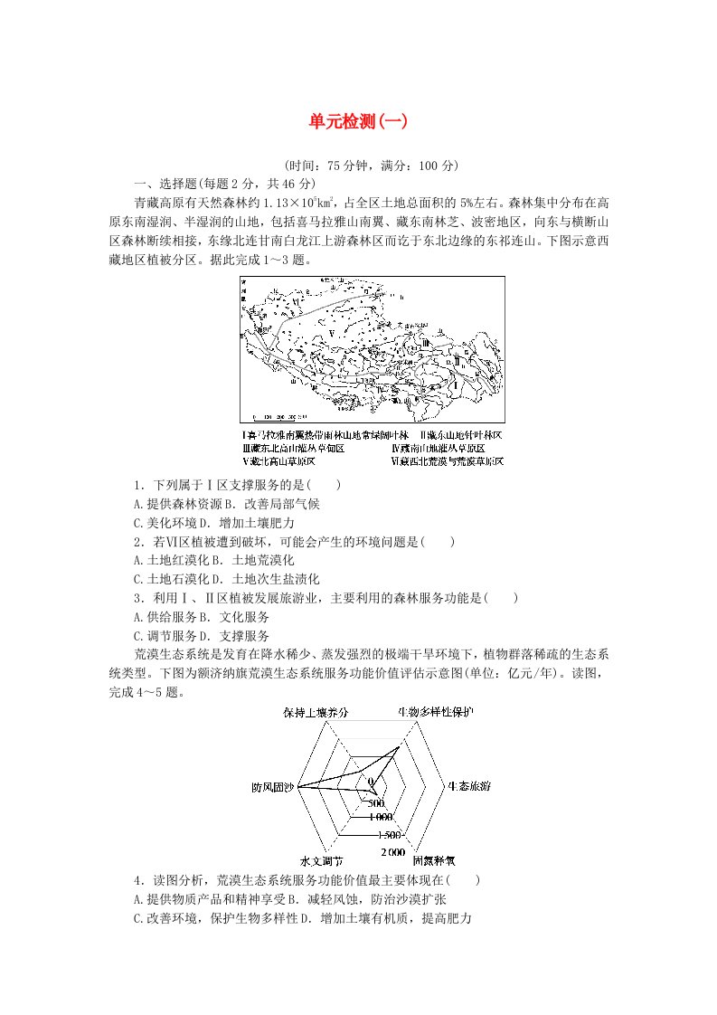 2023版新教材高中地理第一章自然环境与人类社会单元检测新人教版选择性必修3