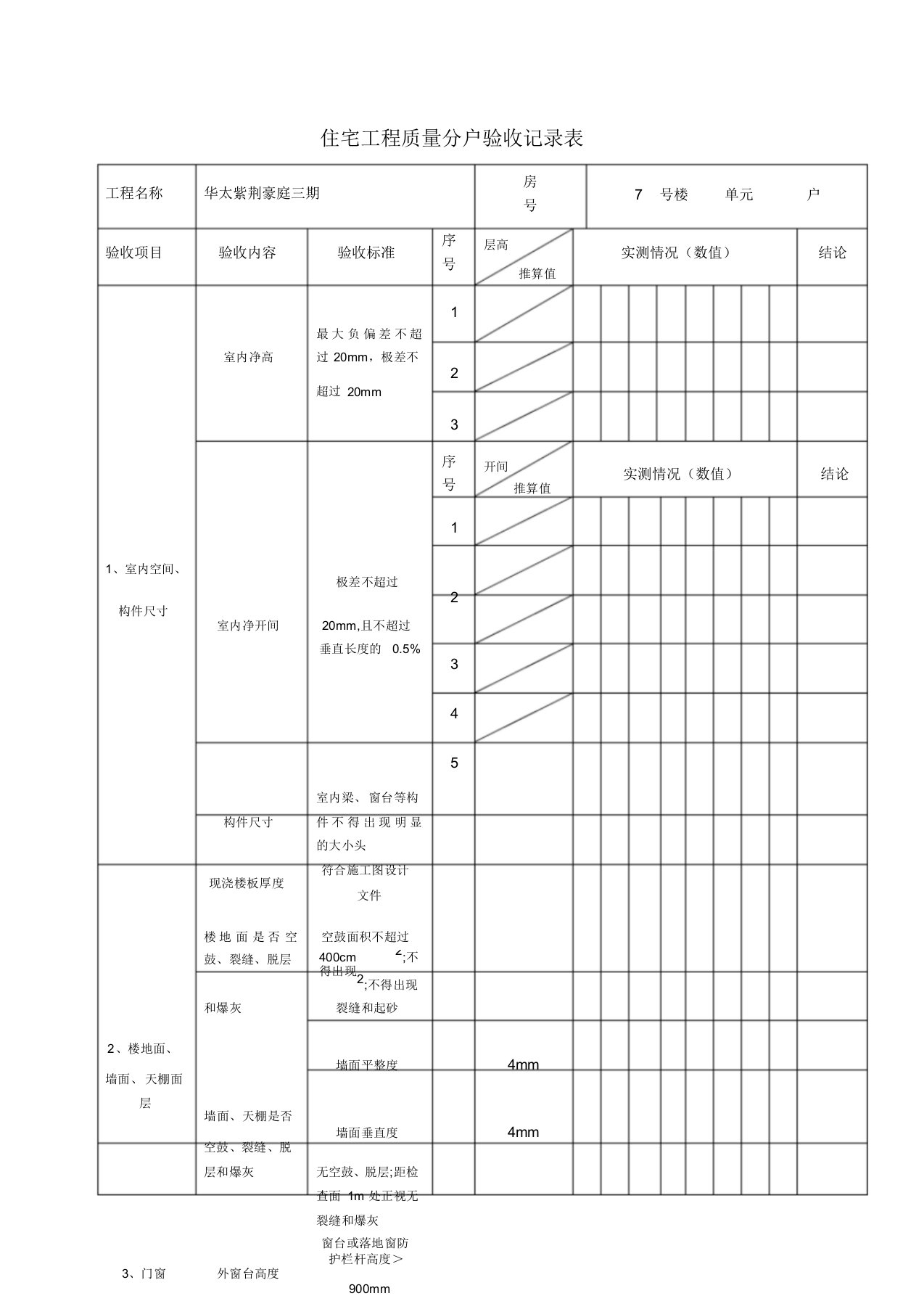 住宅工程质量分户验收记录表