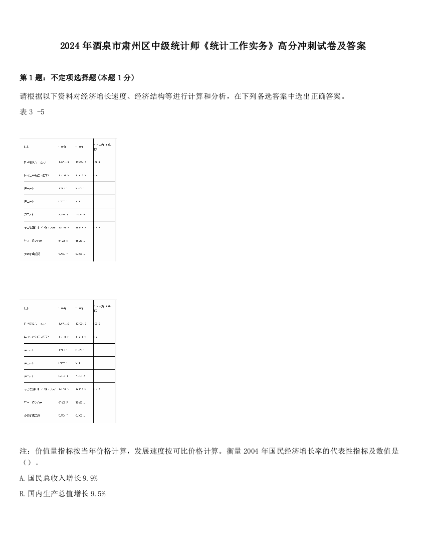 2024年酒泉市肃州区中级统计师《统计工作实务》高分冲刺试卷及答案