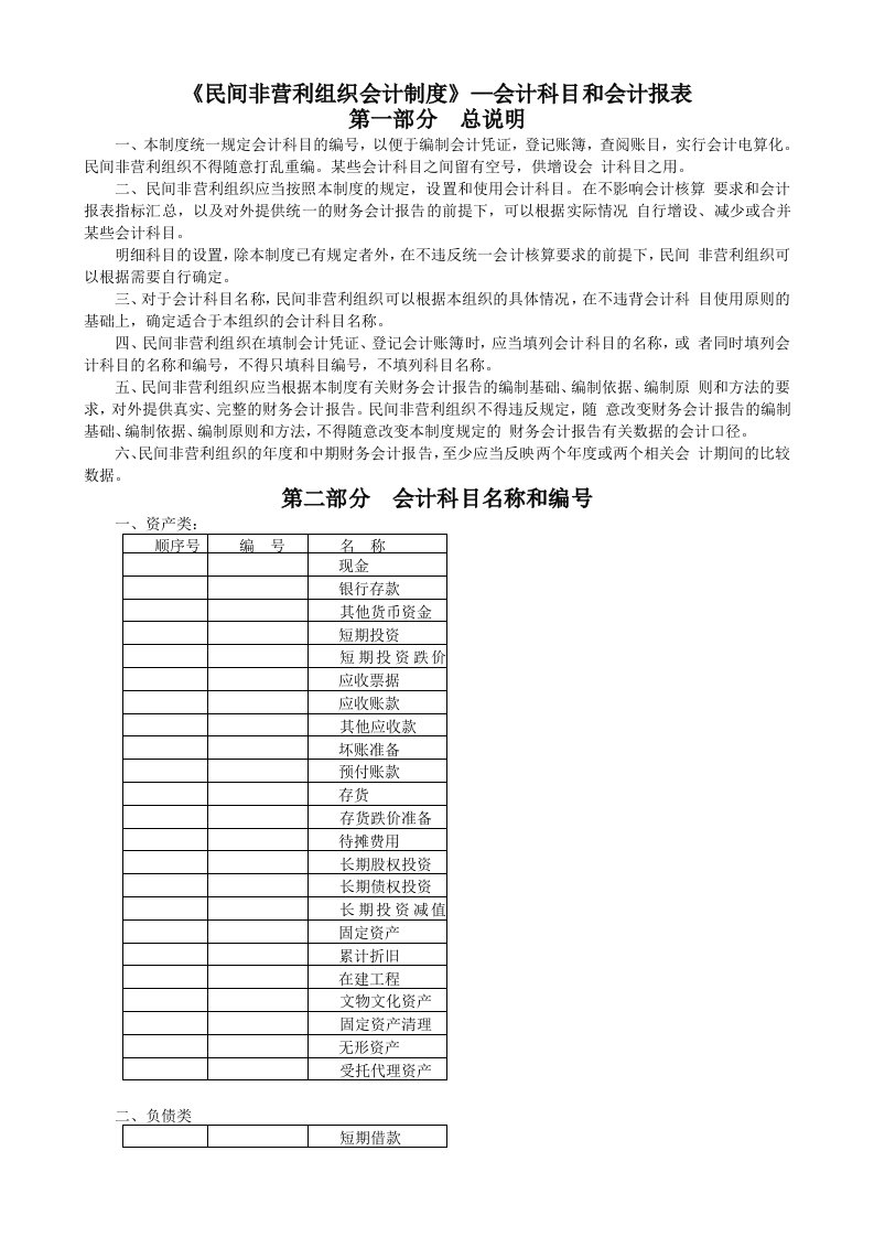 民间非营利组织会计制度-会计科目和会计报表