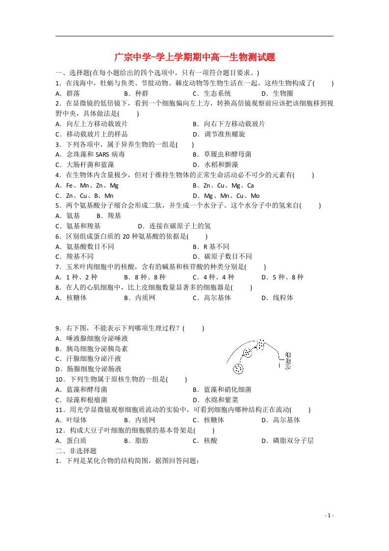 河北省邢台市广宗中学高一生物上学期期中试题新人教版