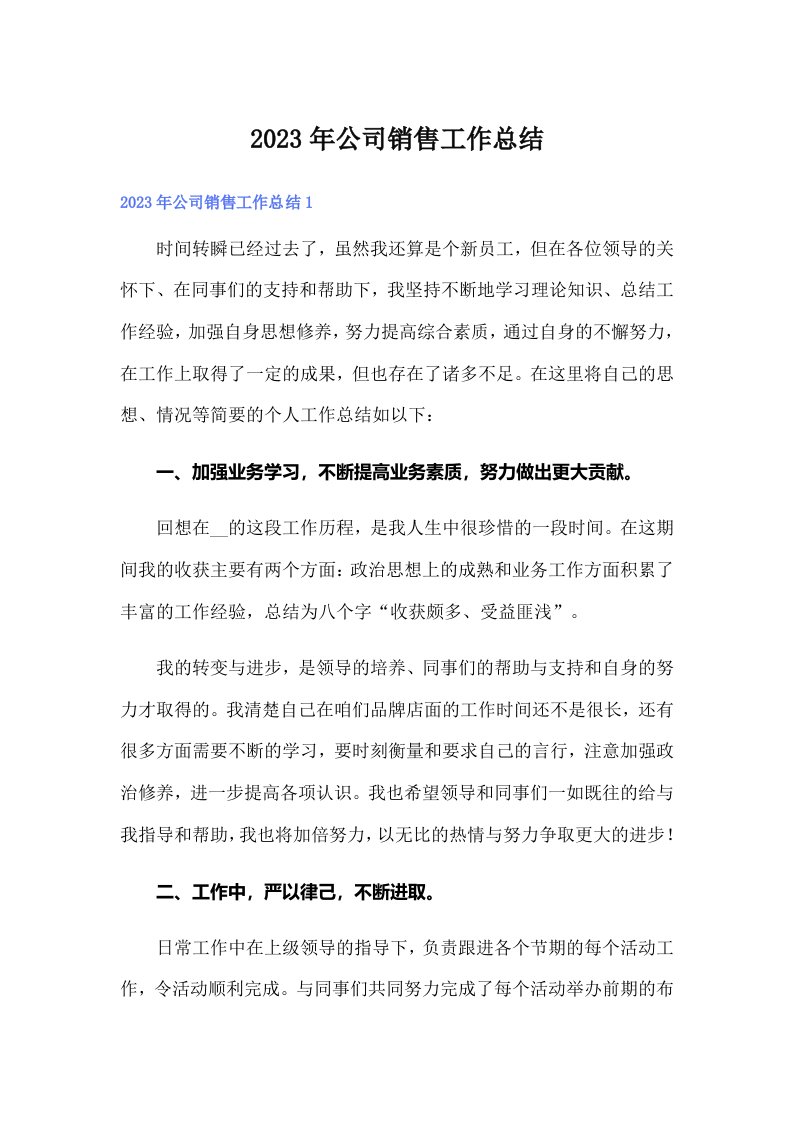 2023年公司销售工作总结