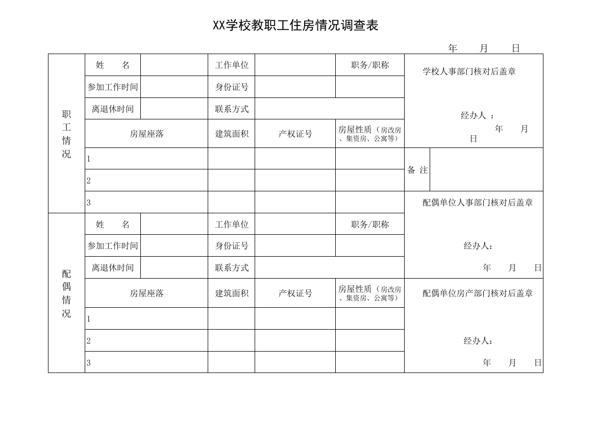 XX学校教职工住房情况调查表