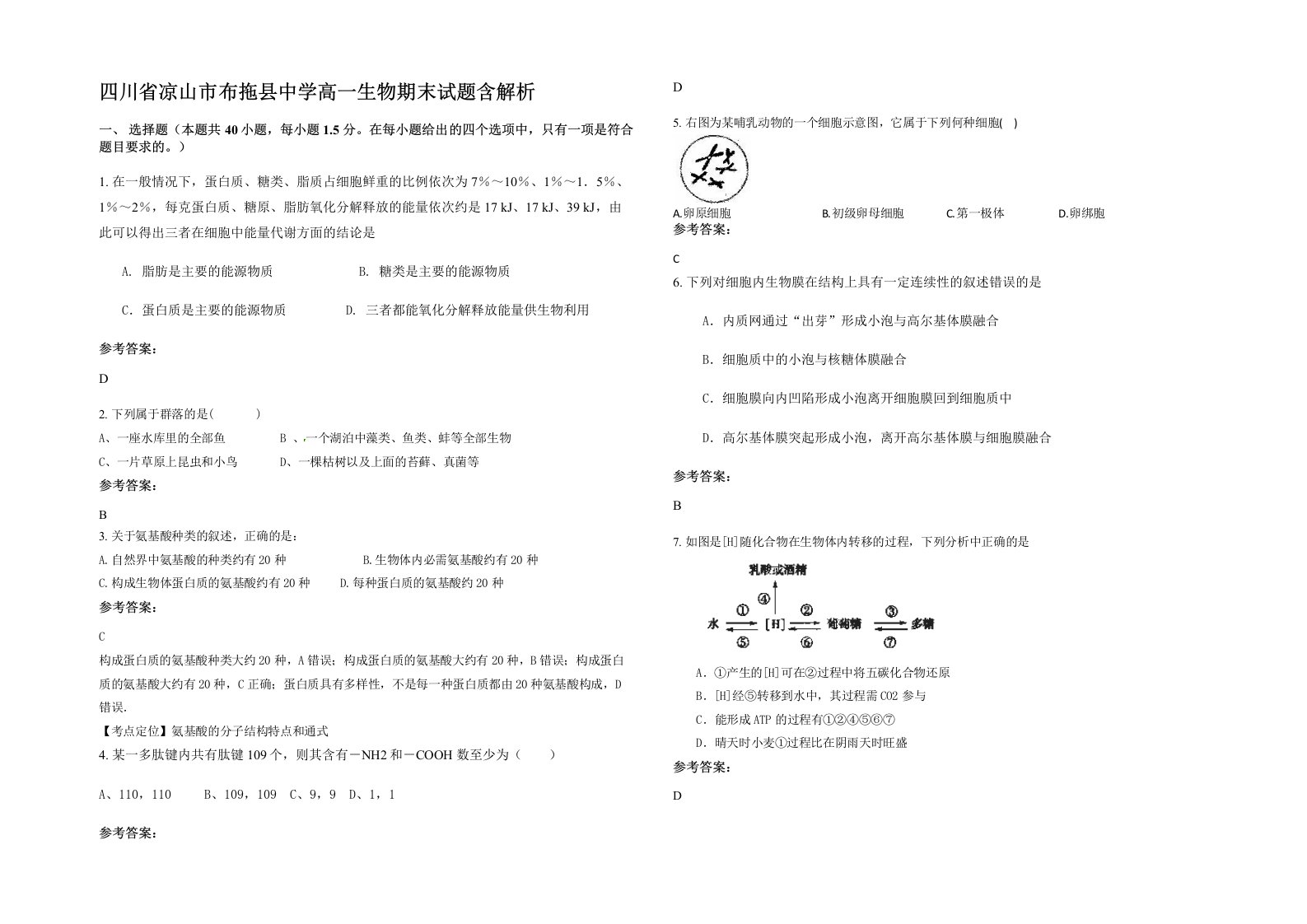 四川省凉山市布拖县中学高一生物期末试题含解析